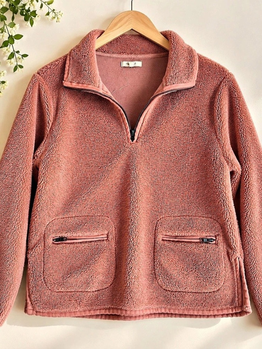 Madewell Dusty Rose Sherpa Fleece Quarter Zip Pullover Jacket size Medium
